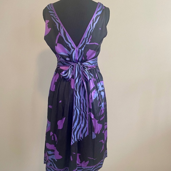 ECI | Floral Black Purple Silk Blend V-Neck Dress 8 - Picture 3 of 8